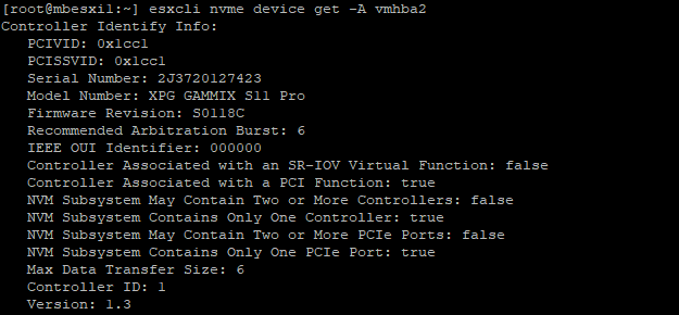 CLI response of NVMe vmhba identification.